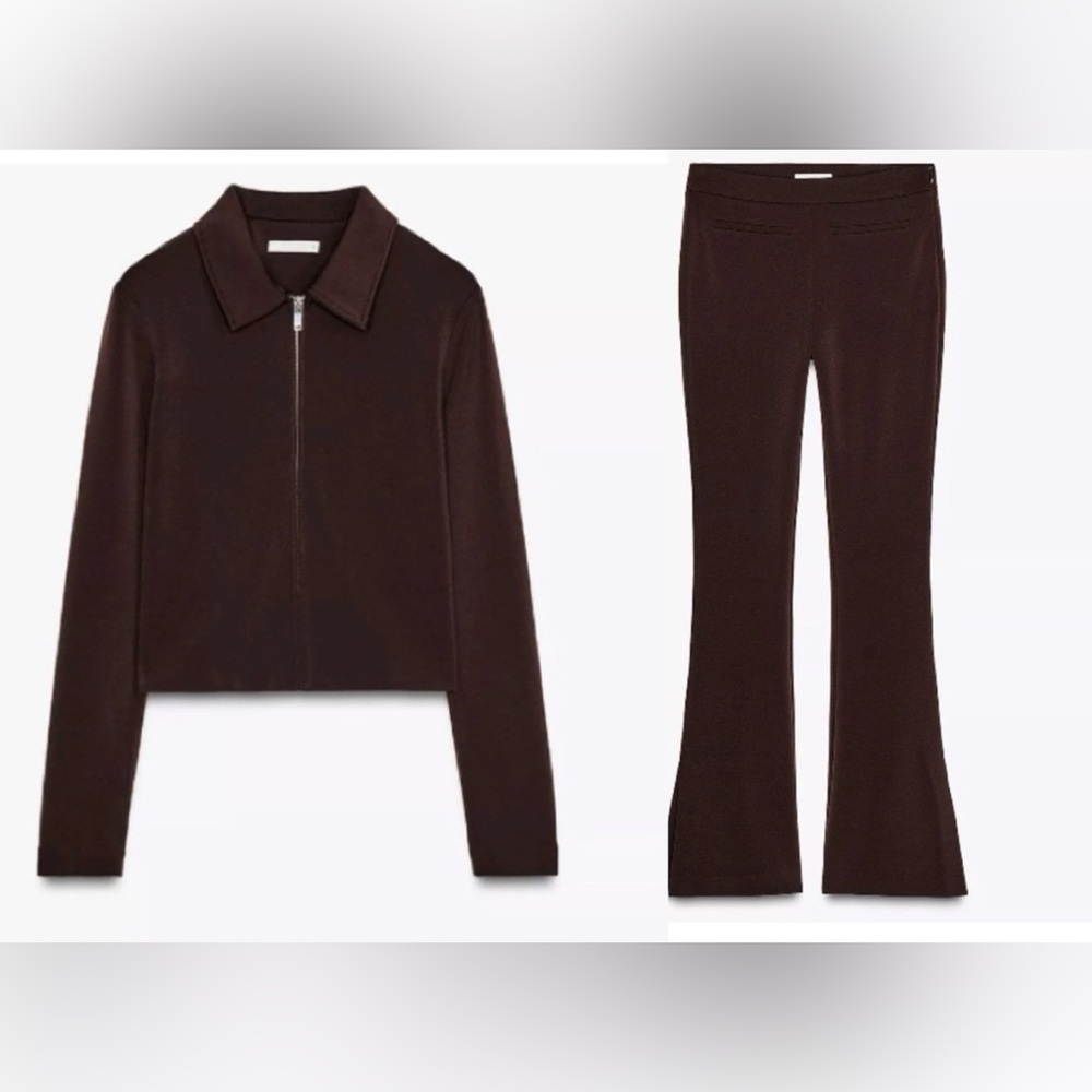 ZARA BROWN CREPE ZIPPER JACKET AND CREPE FLARE PANTS SET